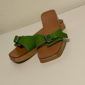 BY FAR Lime Green Leather Mules with Buckle